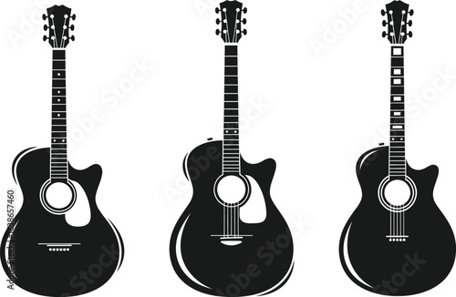 Acoustic guitar vector silhouettes, black and white musical instrument icons, set of 3 stringed guitar illustrations for music posters and logos