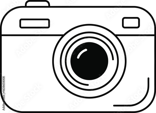 Vector art of simple black and white outline of a digital camera isolated on white background