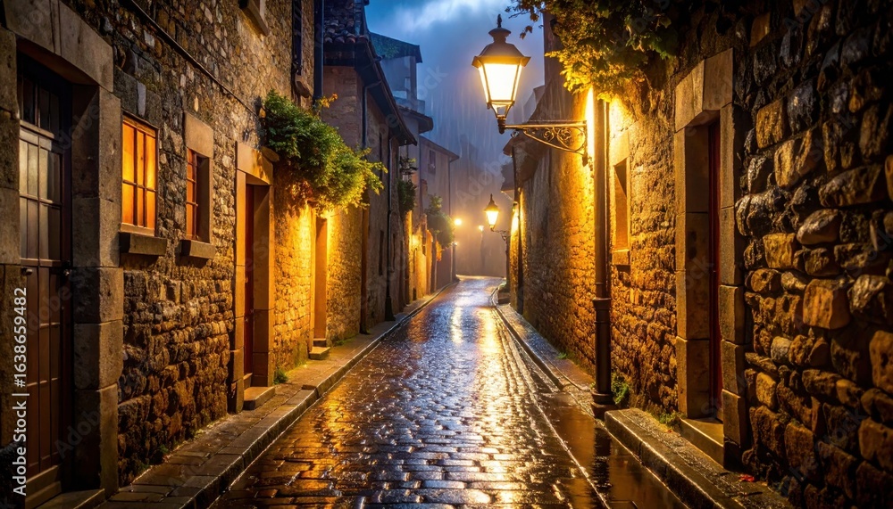 Fototapeta premium Enchanting Wet Cobblestone Alley at Night, Illuminated by Golden Lanterns and Reflecting Warm Light on Ancient Stone Walls.