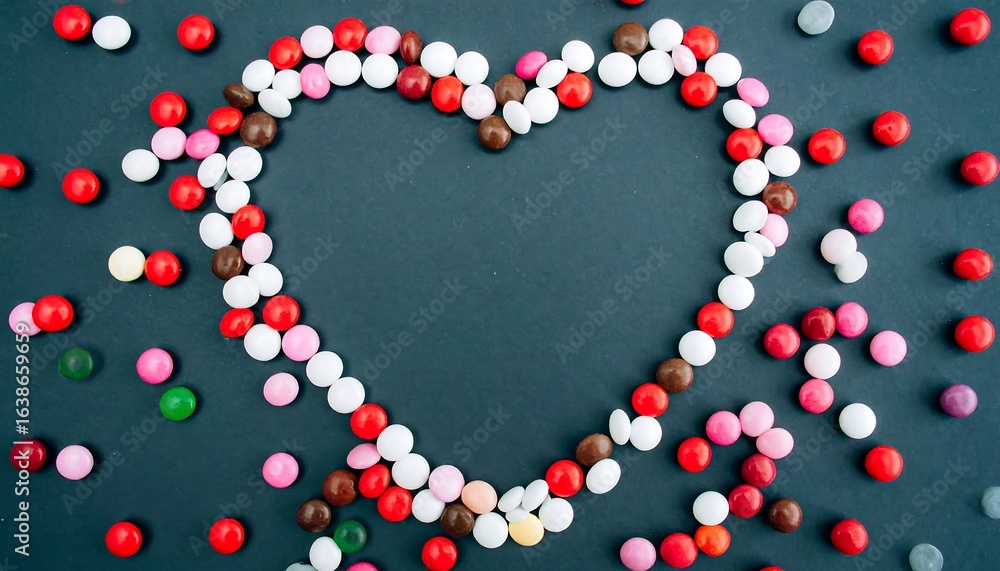 Obraz premium Heart-shaped candy border on dark background