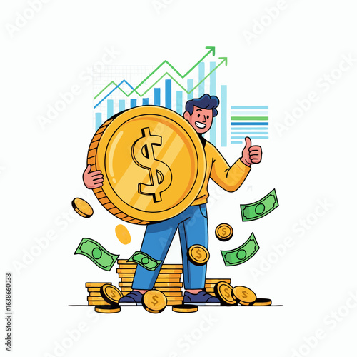Man holding big gold coin with falling money and rising charts