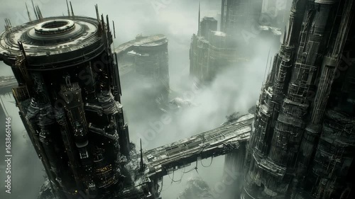 AI-generated aerial tall, crumbling towers rise above a desolate, smoke-filled urban wasteland