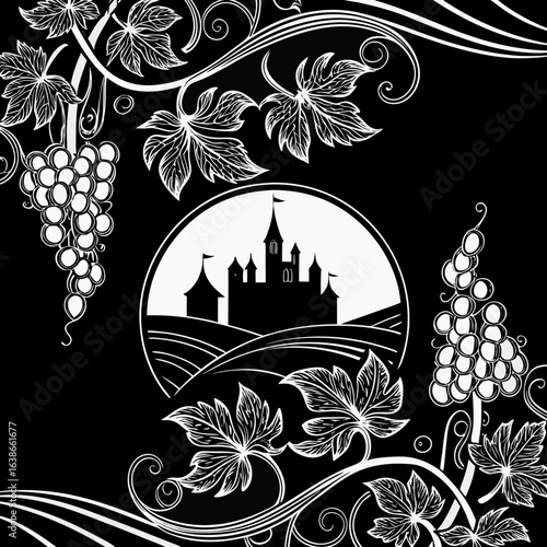 Schwarz-weißes Weinrebenmuster mit Schloss-Silhouette