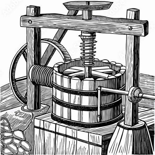 Vintage hölzerne Obstpresse in rustikalem Ambiente mit Trauben