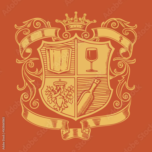 Vintage heraldisches Design mit Elementen von Bier, Wein und Spirituosen