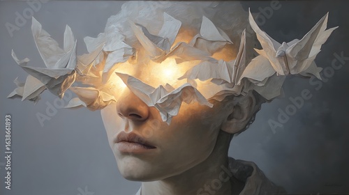 open head with ideas flying out like paper birds, replaced by glowing new beliefs flowing in, surrounded by subtle light and warm atmosphere, emotional transformation, hyperrealism, 