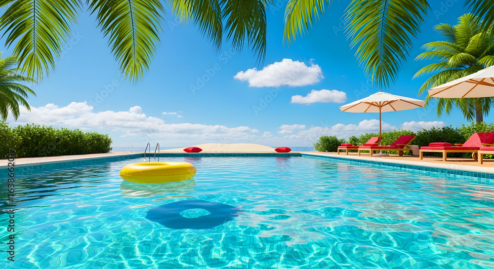 Fototapeta premium A luxurious swimming pool with a yellow floatie overlooks a tropical beach on a sunny day.
