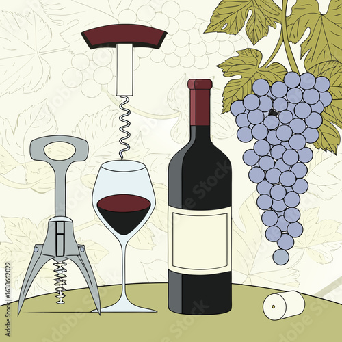 Stillleben mit roter Weinflasche, Glas, Korkenzieher und Trauben