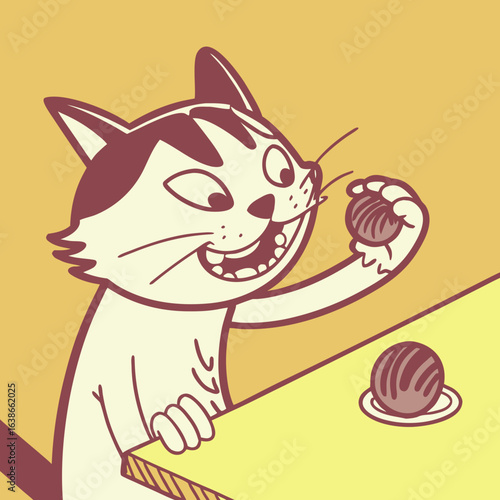 Glückliche Cartoon-Katze, die eine Schokoladentrüffel an einem Tisch hält