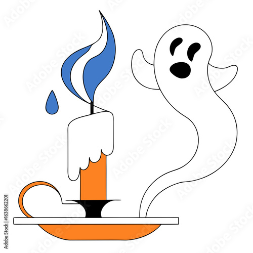 Geisterillustration mit Kerze und blauer Flamme auf weißem Hintergrund.