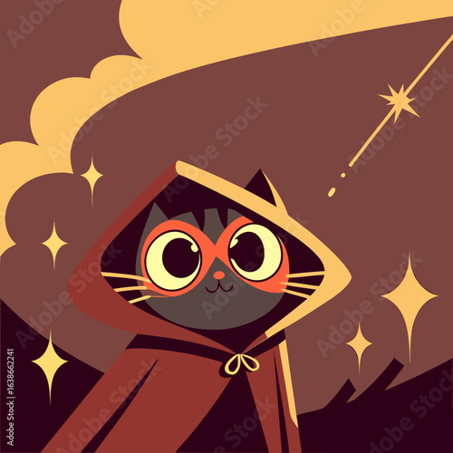 Cartoon-Katze mit Umhang, die eine Sternschnuppe am Nachthimmel betrachtet