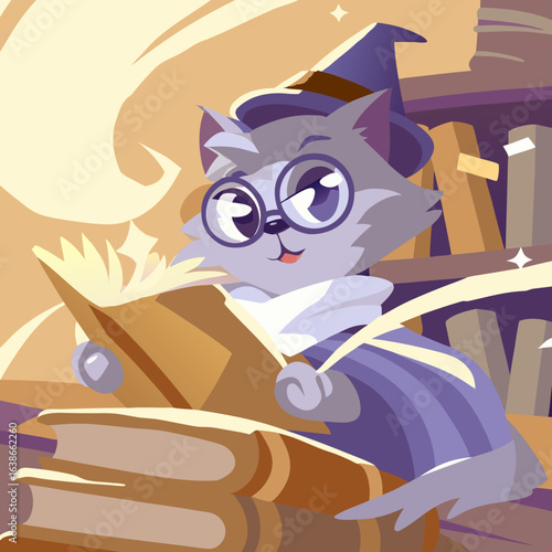 Katze mit Brille, die in einer magischen Bibliothek ein Buch liest