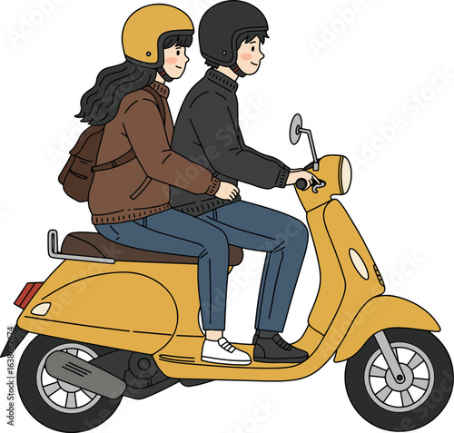 Couple Riding a Yellow Scooter Together
