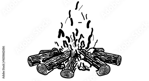 Object campfire illustration drawing of burning wood logs for outdoor camping adventure and warmth in black and white vector