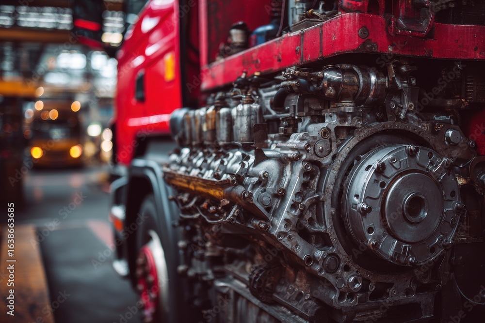 Fototapeta premium High-quality photo of disassembled truck engine in repair service. Heavy machinery, diesel motor vehicle part close-up. Red truck blurred background. Maintenance, repair.