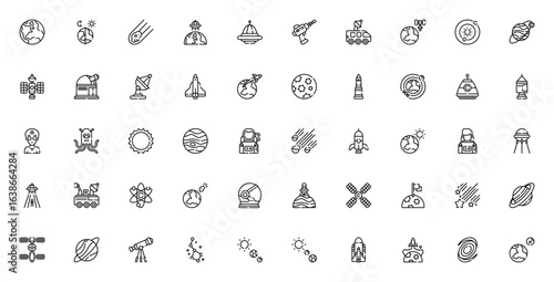 Space icon set. Minimal vector illustration. Includes Earth, UFO, rocket, astronaut, satellite, solar system, planet, moon rover, space shuttle, galaxy and more. Editable stroke.
