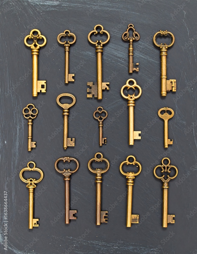 Antique keys on dark chalkboard Antique keys on dark chalkboard