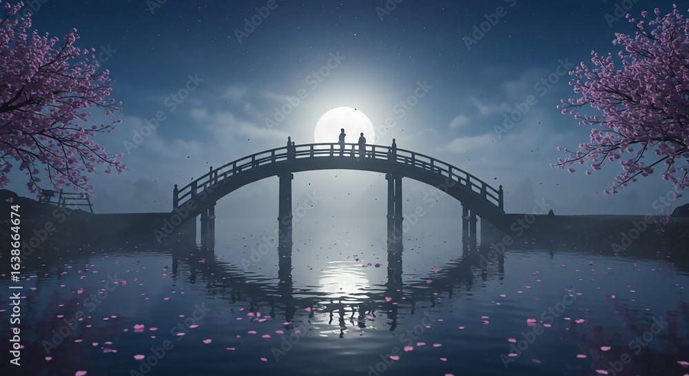 Obraz premium Silhouettes on a moonlit Japanese bridge with cherry blossoms, a serene watercolor style illustration of a tranquil night scene.