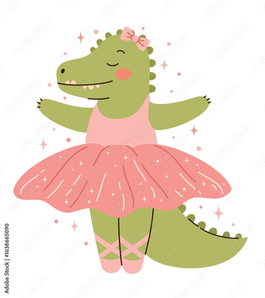 Obraz premium Cute crocodile ballerina dancing ballet. Flat vector illustration.