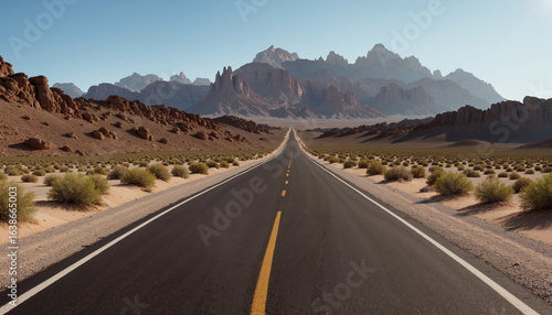 Winding asphalt highway travels through a vast, empty desert landscape toward the distant mountains under a summer sky