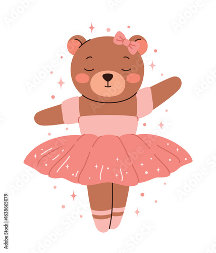 Cute bear ballerina dancing ballet. Flat vector illustration.