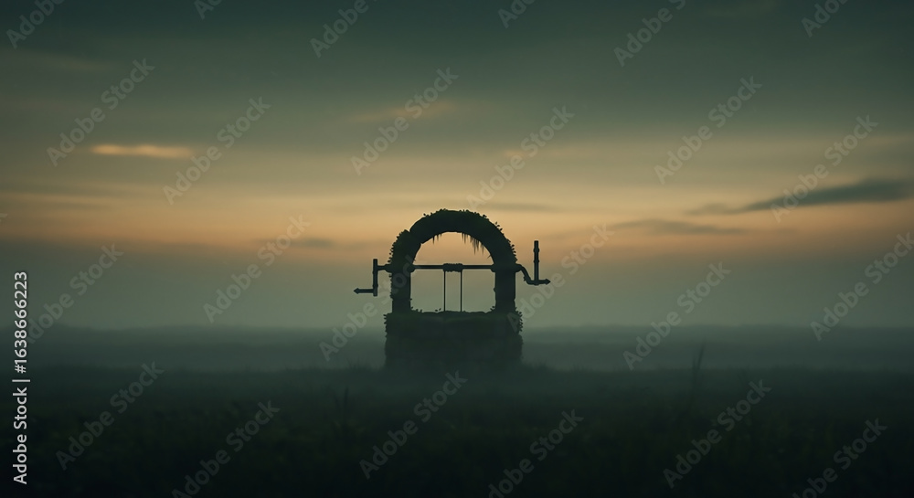 Fototapeta premium Mysterious Ancient Well Stands Isolated in a Dense Twilight Fog, Evoking a Sense of Forgotten History and Ethereal Calm at Dusk