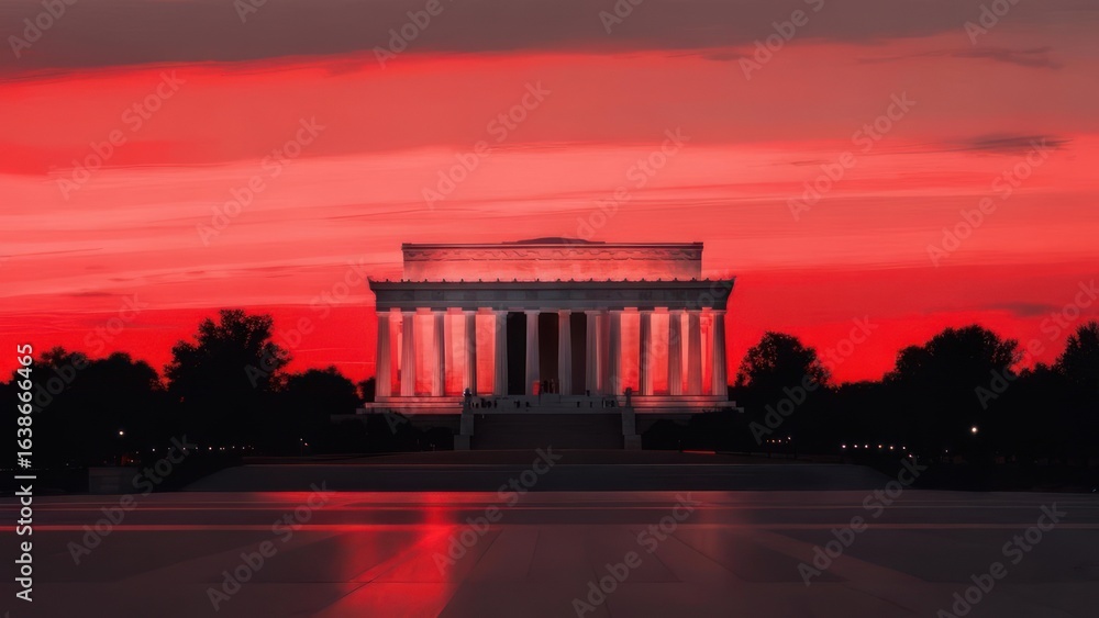 Obraz premium Lincoln Memorial Bathed in a Surreal Crimson Glow at Twilight.