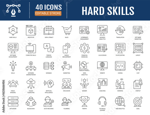 Hard skills line icon set. Includes degree
certificates, foreign language, software, computer
skill and more. Vector Illustration with Editable
Strokes