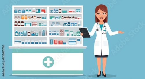 Pharmacist at the counter in a pharmacy. Female doctor with a stethoscope in a modern drugstore interior. Flat vector illustration.