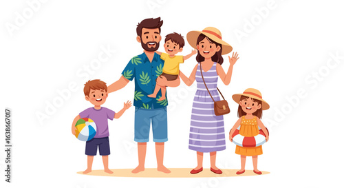 Happy cartoon family of five on a summer beach vacation, parents with children enjoying a trip together. Vector illustration concept.