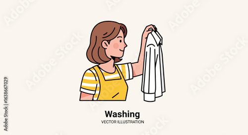 Vector illustration of a smiling woman inspecting a freshly washed shirt. Concept for housework, laundry service, and cleanliness.