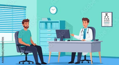 Male doctor consulting a patient in the office, flat vector illustration of a medical check-up