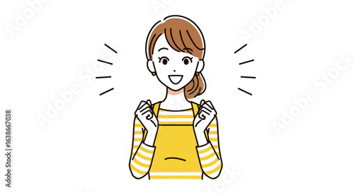 Illustration of a cheerful young housewife in an apron making a fist pump gesture, expressing motivation and excitement.