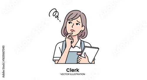 A female clerk in an apron looking troubled and thinking, holding a tablet. Vector line art illustration on a white background.