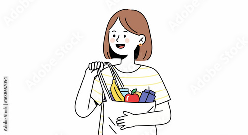 Happy young woman carrying a reusable tote bag filled with fresh groceries, embodying a healthy and sustainable lifestyle.