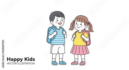 Happy school kids, a boy and a girl with backpacks, standing together. Cute vector illustration of childhood friendship.