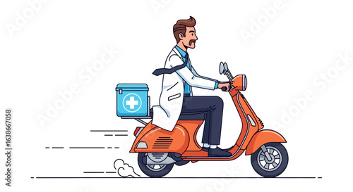 Male doctor in a white coat riding a scooter for a fast medical delivery service or emergency house call illustration.
