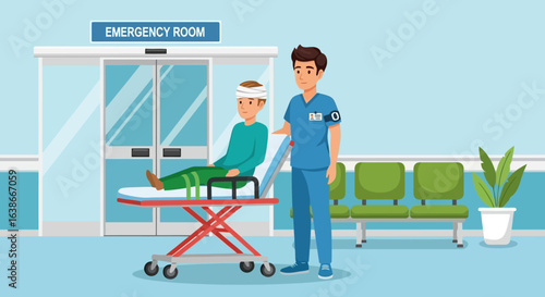 A medical professional assists an injured patient on a gurney outside the emergency room. Vector illustration of hospital care.