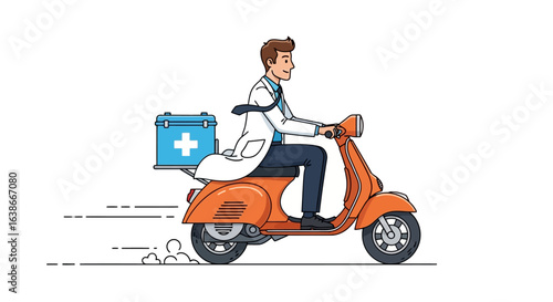 Cartoon male doctor in a lab coat riding a scooter for an urgent medicine or first aid delivery. Mobile healthcare and pharmacy services concept.