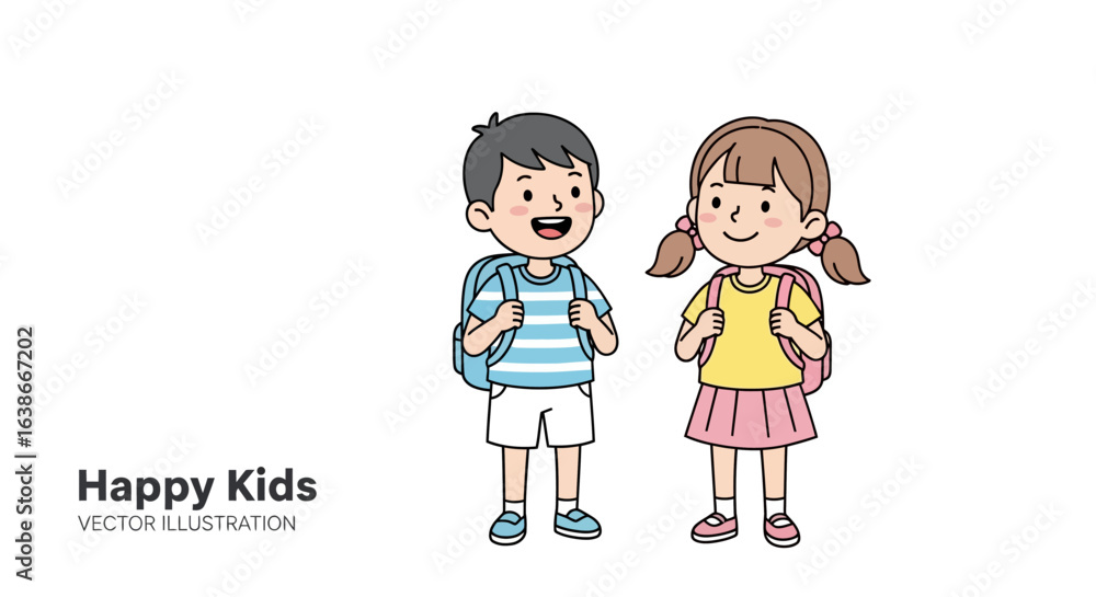 Cheerful boy and girl students with backpacks standing together. A cute vector illustration of happy kids going back to school. Cheerful boy and girl students with backpacks standing together. A cute vector illustration of happy kids going back to school.