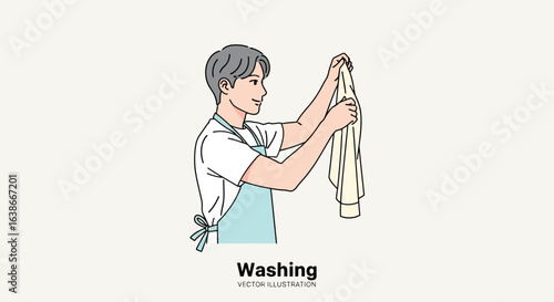 A helpful young man wearing an apron carefully inspects a clean shirt after washing. Vector illustration of daily laundry and household chores.