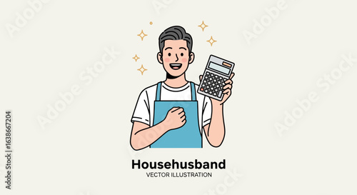 Vector illustration of a smiling househusband character managing household finances. A man in an apron holding a calculator.