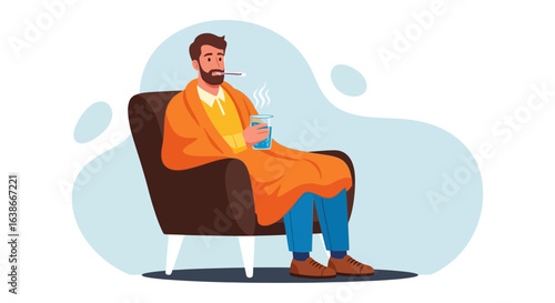 Vector illustration of a sick man with a fever sitting in an armchair, wrapped in a blanket and holding a hot drink.
