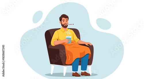 Vector illustration of a sick man with a fever and a cold, sitting at home in a chair and drinking hot tea for treatment.