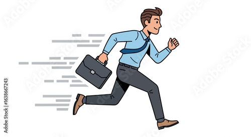 A dynamic illustration of a businessman running with a briefcase. A concept of hurry, career ambition, and corporate speed.