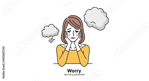 Illustration of a sad woman with a worried expression feeling anxiety. Mental health and depression concept vector.