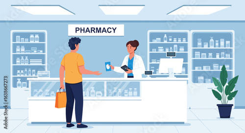 Vector illustration of a pharmacist at the counter giving prescription medication to a male customer in a modern drugstore