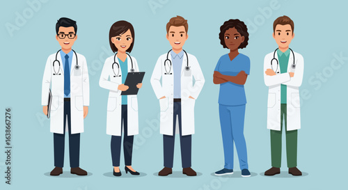 Diverse Team of Medical Professionals in a Healthcare Setting A Cartoon Style Illustration of Doctors and Nurses