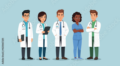 Diverse team of doctors and a nurse standing together. Vector illustration of medical staff and healthcare professionals for a hospital or clinic.