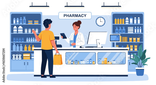 Vector illustration of a customer at a pharmacy counter, speaking with a pharmacist in a modern drugstore interior.